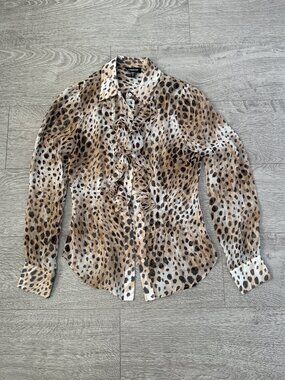 Bebe Sheer Leopard Cheetah Print Ruffle Front Button Down Blouse XS